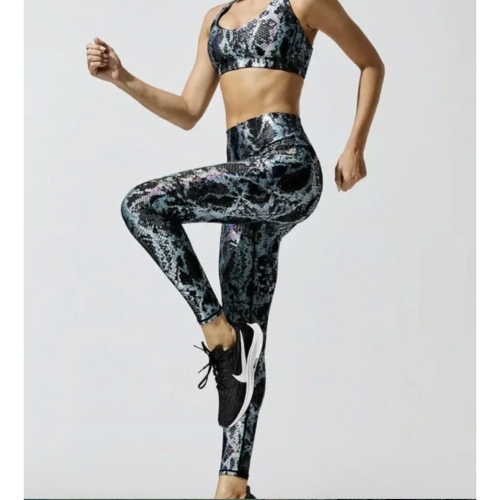 Carbon38 Leggings Womens Small Blue Metallic Snakeskin High Rise Compression